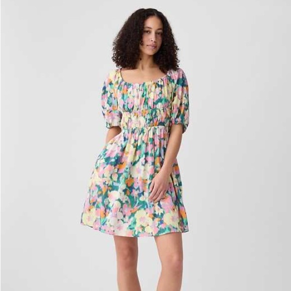 Gap Puff Sleeve Linen-Blend Floral Mini Dress.